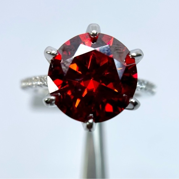 Jewelry - 5 Carat Red Moissanite Ring 6 Prong Halo 18K White Gold Finish 925 Silver